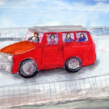 赤いバス：水彩画＿制作時小学３年男の子