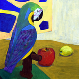 瀬戸　みどり　作　「インコとりんごとレモン」アクリル画